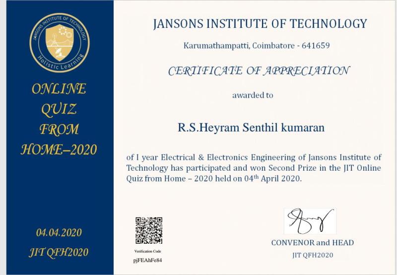 Won 2nd prize in JIT ONLINE QUIZ contest